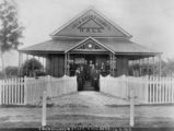 Picture relating to Childers - titled 'Town Councillors on the steps of the Isis Shire Hall, Childers, 1910'