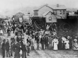 Picture relating to Brisbane - titled 'Sunday School procession in lower Albert Street, Brisbane, ca. 1886'