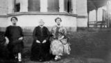 Picture relating to Shorncliffe - titled 'Mrs Craven with her daughters, Misses C. & G. Craven in the front yard at Morven, Shorncliffe, ca. 1930'